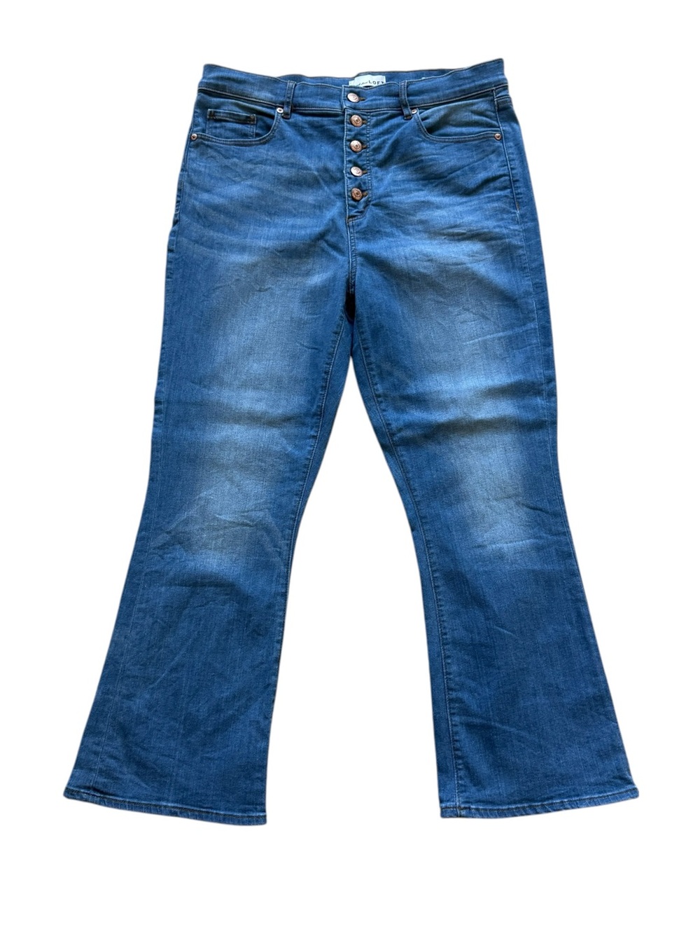 LOFT The Kick Crop Jeans 30 High Rise Button Fly Flare Blue Denim Pants Stretch